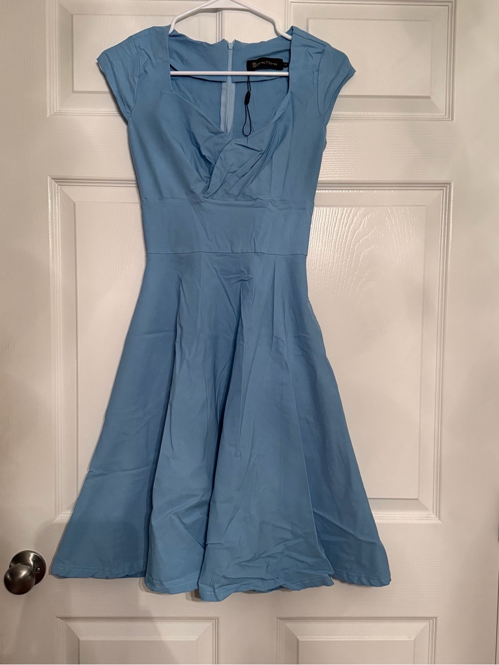 Sky Blue Cap-Sleeve Midi Fit & Flare Dress